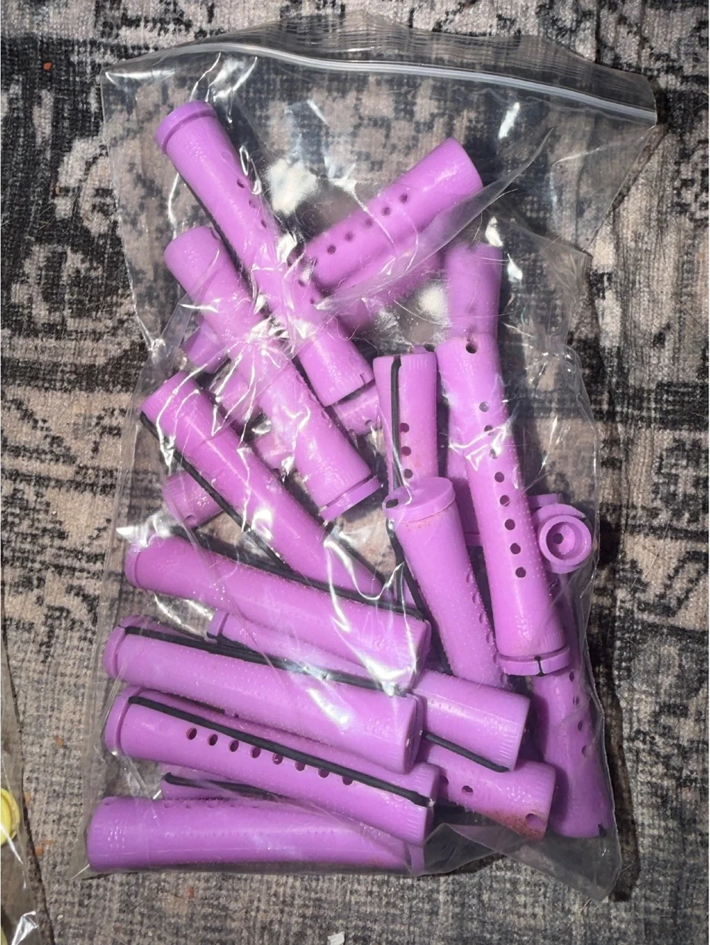 Vintage Plastic Hair Curlers Set in White, Yellow, & Purple